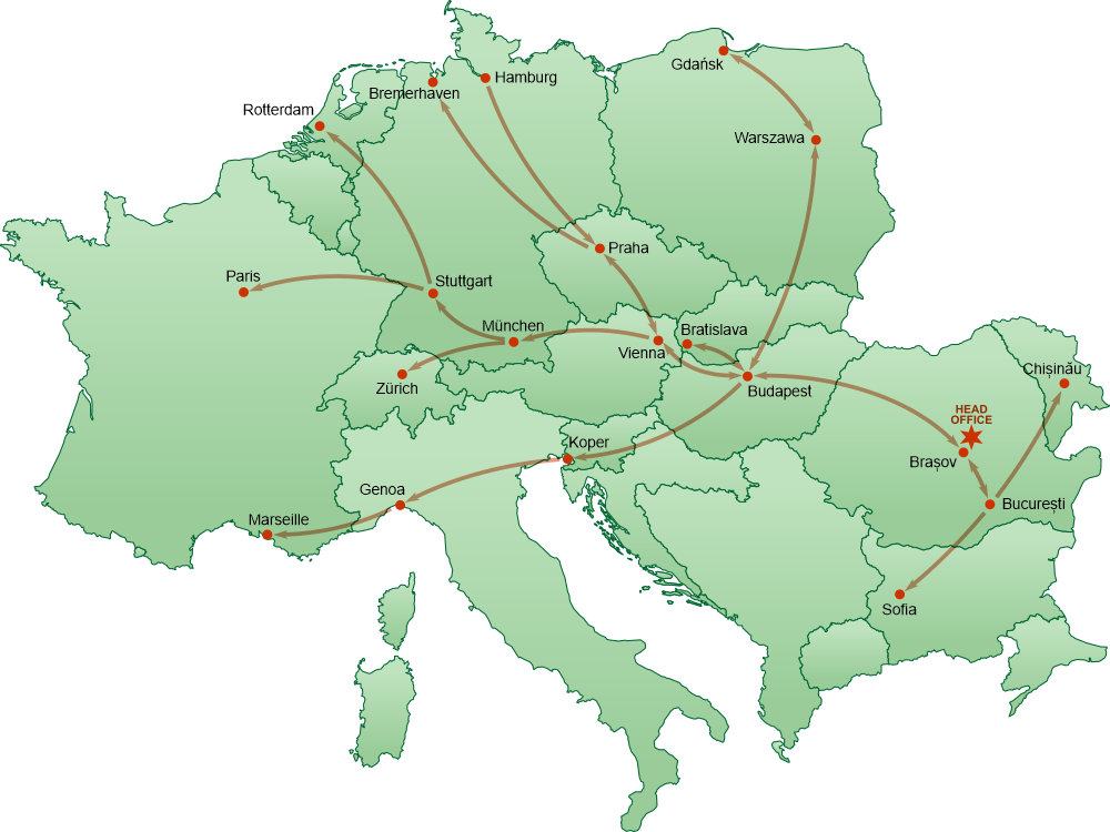 Europe map transport routes of FrogExpress